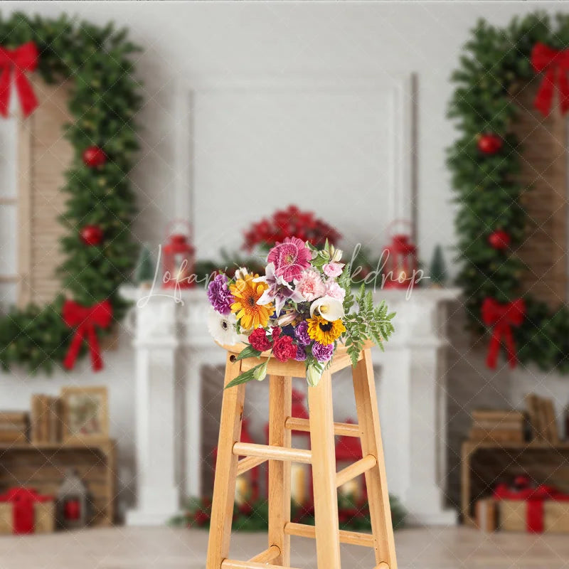 Lofaris Classic White Christmas Fireplace Photography Backdrop Wreath Framed Windows with Red Bows Elegant Holiday Background