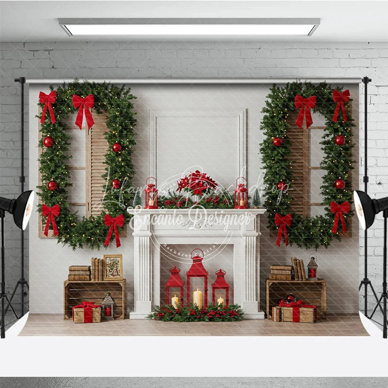 Lofaris Classic White Christmas Fireplace Photography Backdrop Wreath Framed Windows with Red Bows Elegant Holiday Background