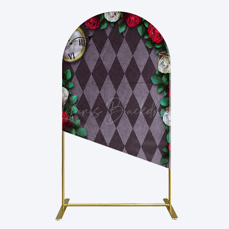 Lofaris Clock Leaves White Red Rose Rhombus Arch Backdrop