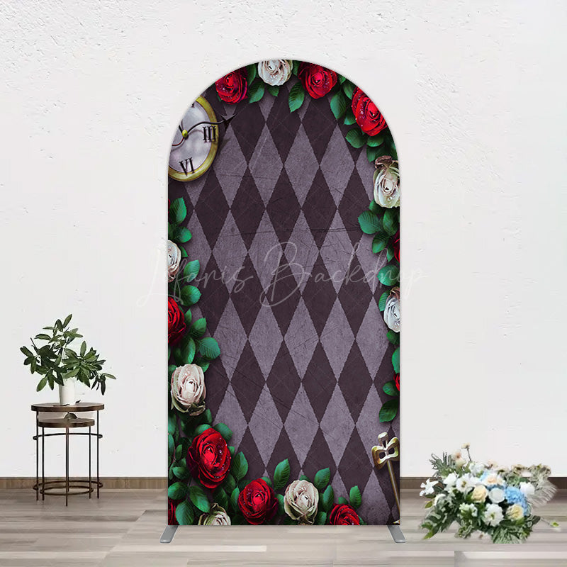 Lofaris Clock Leaves White Red Rose Rhombus Arch Backdrop