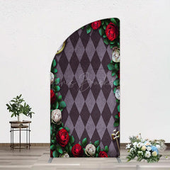 Lofaris Clock Leaves White Red Rose Rhombus Half Moon Arch Backdrop
