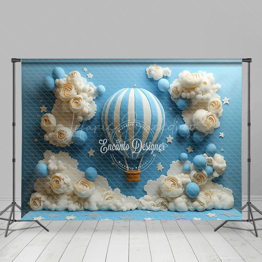 Lofaris Cloud Floral Blue Hot Air Balloon Cake Smash Backdrop
