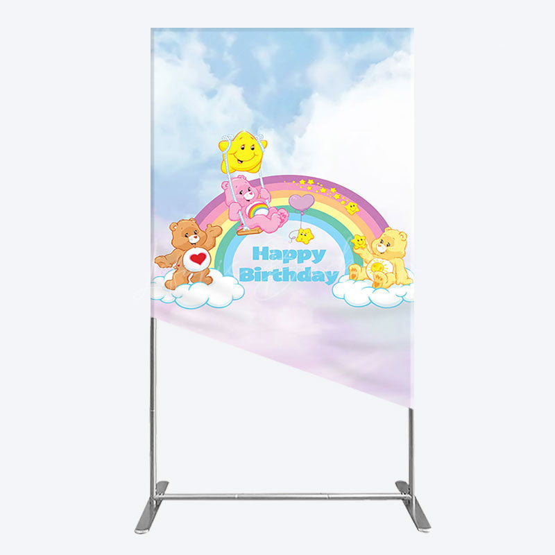 Lofaris Clouds Rainbow Cute Bear Happy Birthday Rectangle Backdrop
