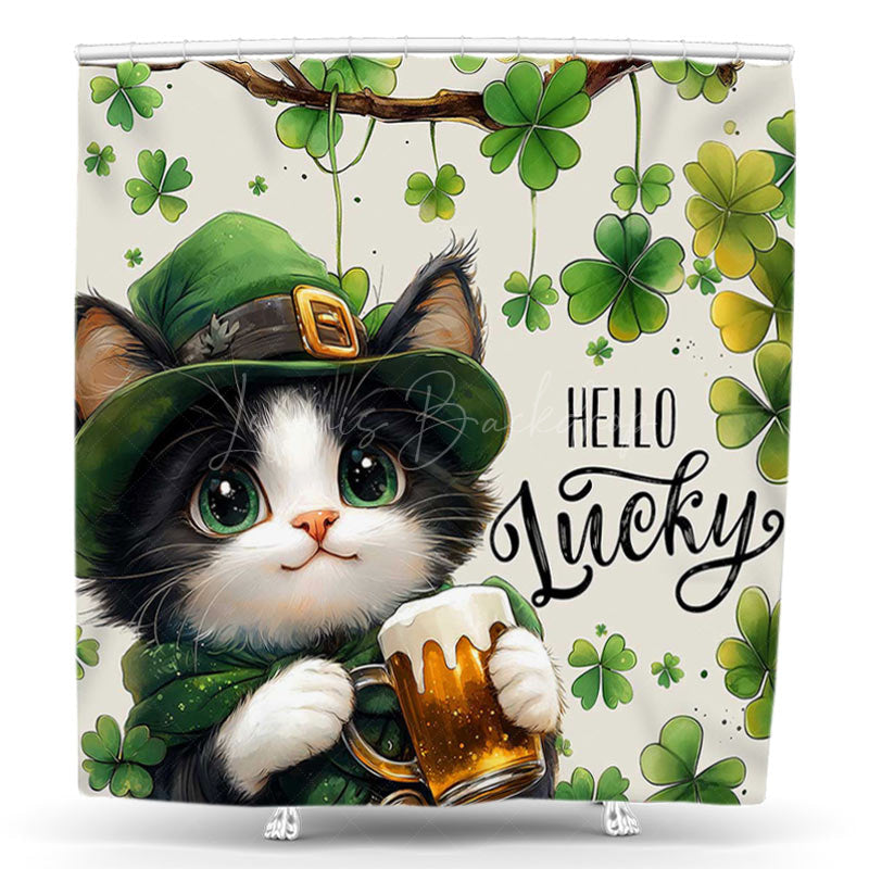 Lofaris Clover Cat Hello Lucky St Patricks Day Shower Curtain