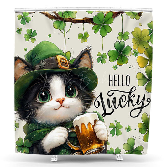 Lofaris Clover Cat Hello Lucky St Patricks Day Shower Curtain