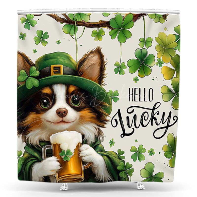Lofaris Clover Dog Hello Lucky St Patricks Day Shower Curtain