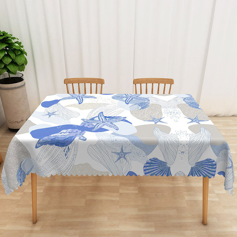 Lofaris Coastal Beach Tablecloth with Blue and White Starfish Seashells for Nautical Themed Party Decor
