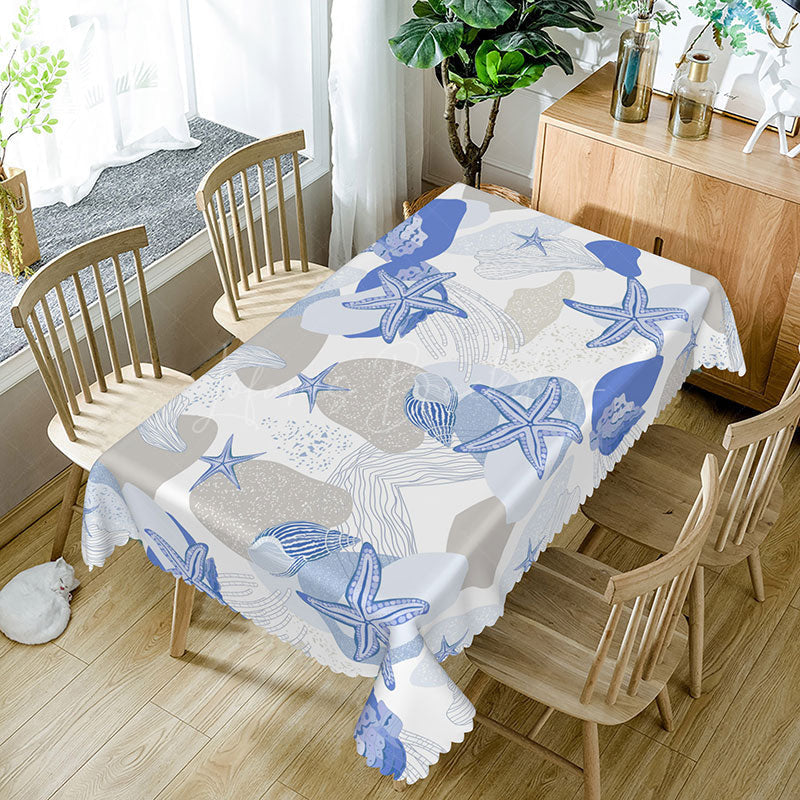 Lofaris Coastal Beach Tablecloth with Blue and White Starfish Seashells for Nautical Themed Party Decor