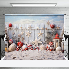 Lofaris Coastal Christmas Photography Backdrop Beach Sand with Ornaments and Starfish White Picket Fence Photo Prop