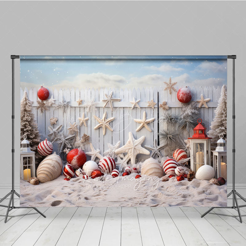 Lofaris Coastal Christmas Photography Backdrop Beach Sand with Ornaments and Starfish White Picket Fence Photo Prop