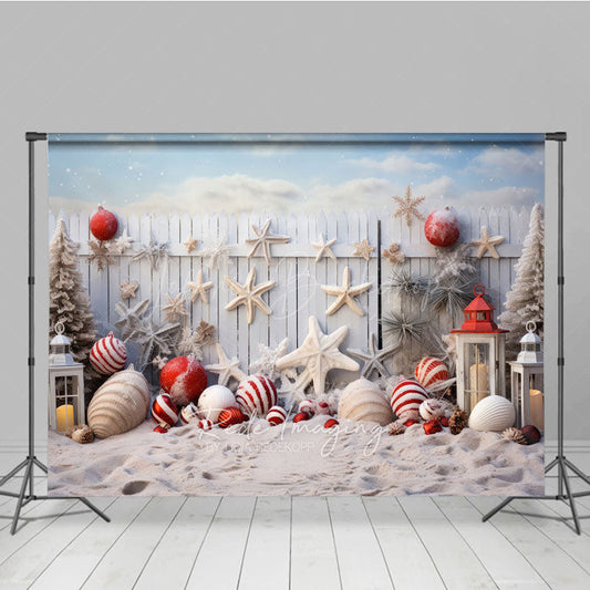 Lofaris Coastal Christmas Photography Backdrop Beach Sand with Ornaments and Starfish White Picket Fence Photo Prop