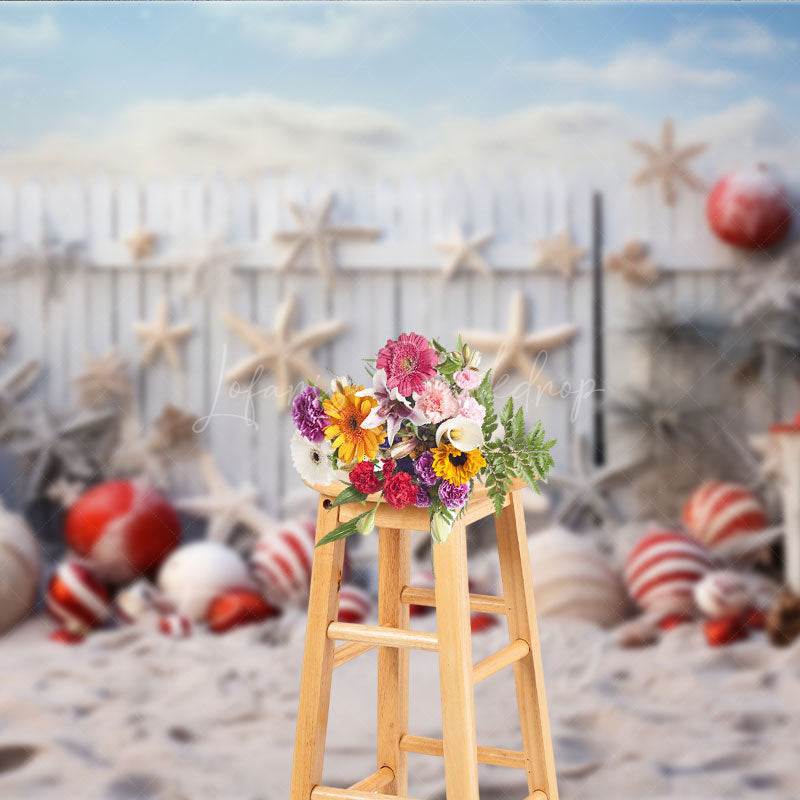 Lofaris Coastal Christmas Photography Backdrop Beach Sand with Ornaments and Starfish White Picket Fence Photo Prop