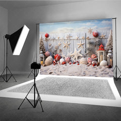 Lofaris Coastal Christmas Photography Backdrop Beach Sand with Ornaments and Starfish White Picket Fence Photo Prop