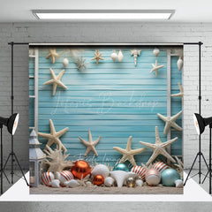 Lofaris Coastal Christmas Photography Backdrop Beach Theme with Starfish and Ornaments Blue Wood Wall Holiday Photo Prop