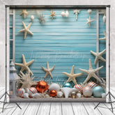 Lofaris Coastal Christmas Photography Backdrop Beach Theme with Starfish and Ornaments Blue Wood Wall Holiday Photo Prop