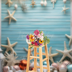 Lofaris Coastal Christmas Photography Backdrop Beach Theme with Starfish and Ornaments Blue Wood Wall Holiday Photo Prop