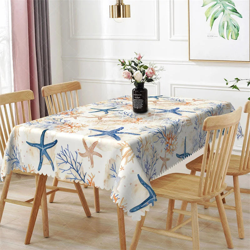 Lofaris Coastal Starfish and Coral Reef Rectangle Tablecloth Nautical Ocean Theme Table Cover for Summer Beach Party
