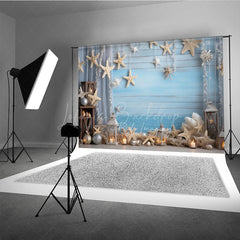 Lofaris Coastal Summer Photography Backdrop Beach Scene with Starfish and Lanterns Blue Wood Wall Photo Prop Decor