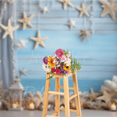 Lofaris Coastal Summer Photography Backdrop Beach Scene with Starfish and Lanterns Blue Wood Wall Photo Prop Decor