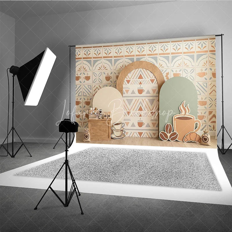 Lofaris Coffee Shop Cafe Photography Backdrop with Tile Pattern Geometric Arches and Cups for Baby Shower Birthday