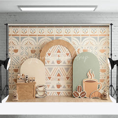 Lofaris Coffee Shop Cafe Photography Backdrop with Tile Pattern Geometric Arches and Cups for Baby Shower Birthday
