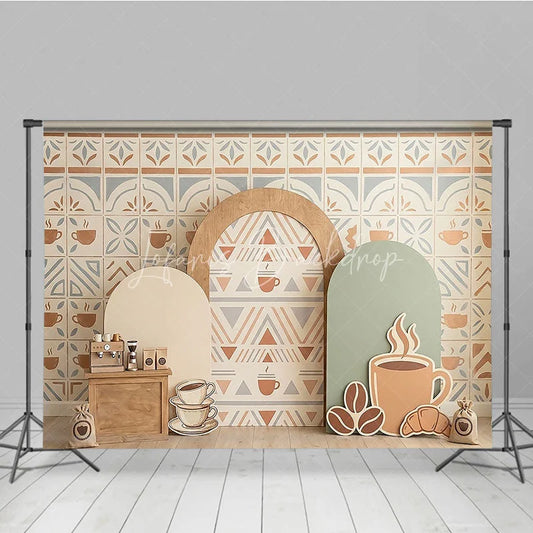 Lofaris Coffee Shop Cafe Photography Backdrop with Tile Pattern Geometric Arches and Cups for Baby Shower Birthday