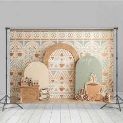 Lofaris Coffee Shop Cafe Photography Backdrop with Tile Pattern Geometric Arches and Cups for Baby Shower Birthday