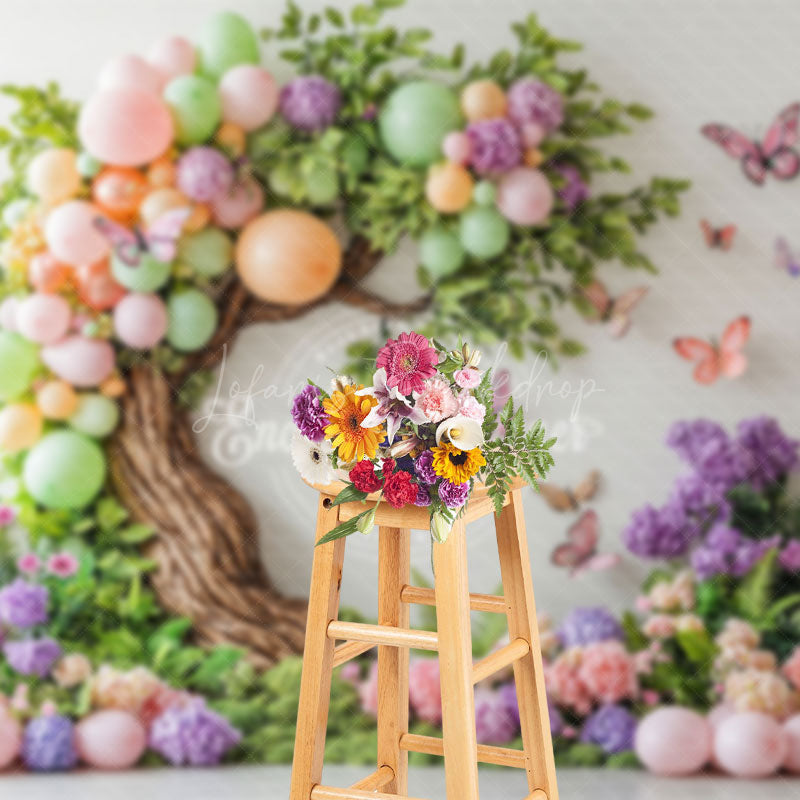 Lofaris Color Balloon Tree Floral Butterfly Cake Smash Backdrop