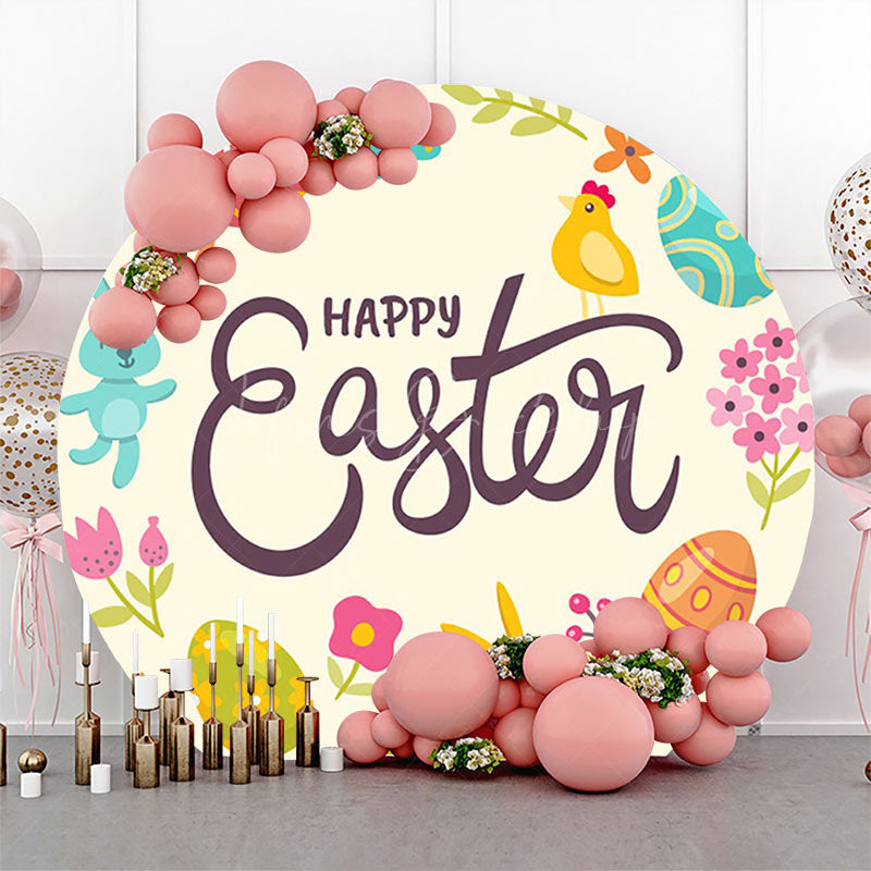 Lofaris Color Eggs Floral Bunny Round Happy Easter Backdrop