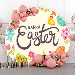 Lofaris Color Eggs Floral Bunny Round Happy Easter Backdrop