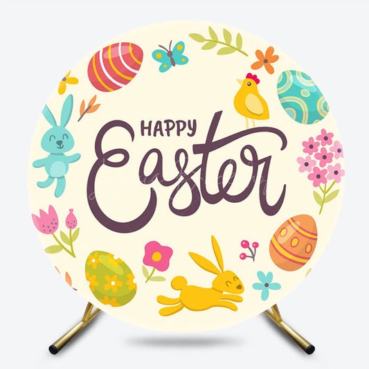 Lofaris Color Eggs Floral Bunny Round Happy Easter Backdrop