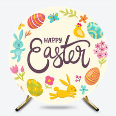 Lofaris Color Eggs Floral Bunny Round Happy Easter Backdrop
