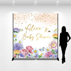Lofaris Color Floral Glitter Custom Name Baby Shower Backdrop