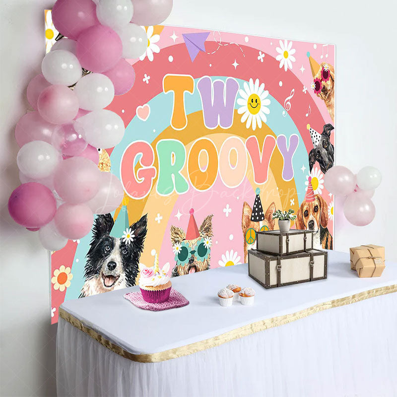 Lofaris Color Rainbow Daisy Dogs Two Groovy Birthday Backdrop