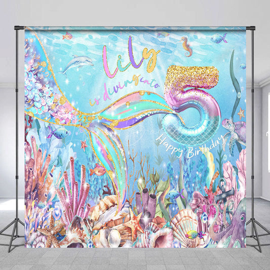 Lofaris Color Undersea Mermaid Custom 5th Birthday Backdrop