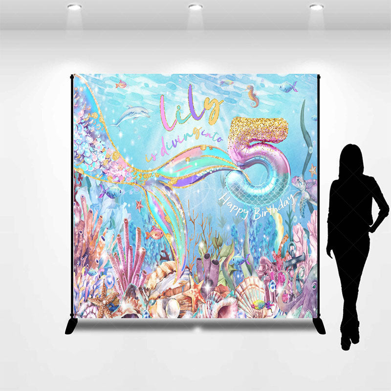 Lofaris Color Undersea Mermaid Custom 5th Birthday Backdrop