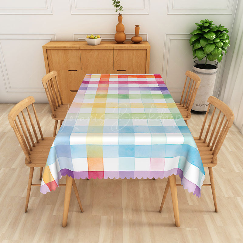 Lofaris Colorful Abstract Rectangle Tablecloth with Faux Scalloped Edge for Fun and Playful Party Decor