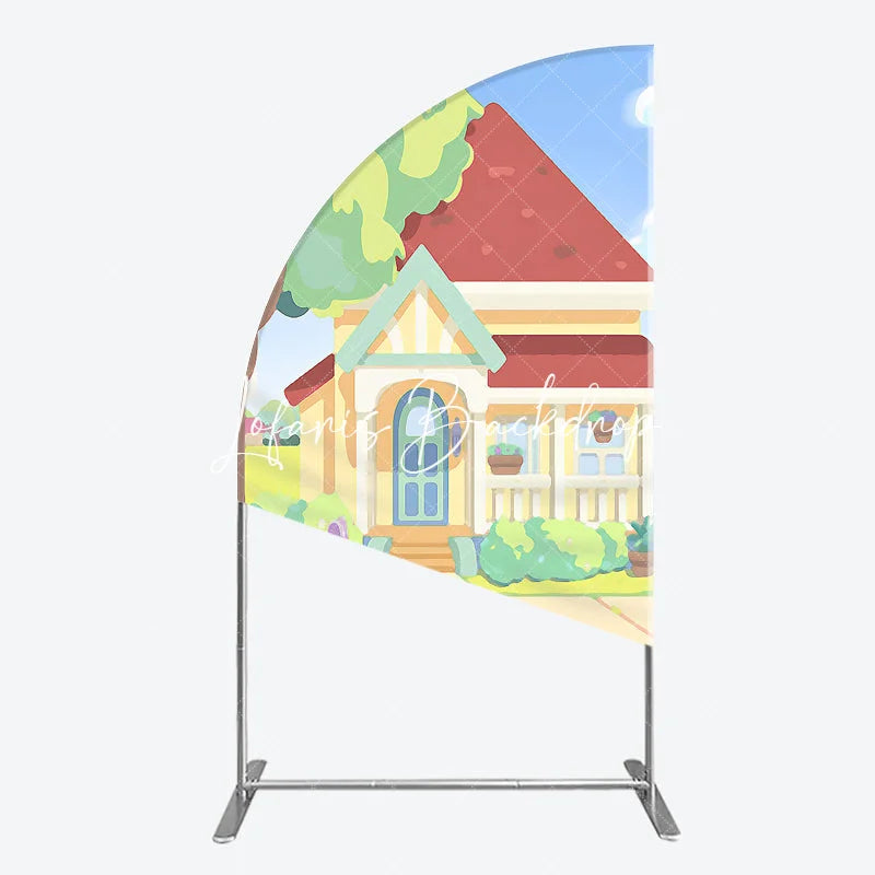 Lofaris Colorful Animated House with Red Roof Yellow Walls Half Moon Arch Backdrop Playful Children’s Birthday Party Decor