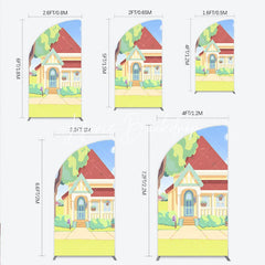 Lofaris Colorful Animated House with Red Roof Yellow Walls Half Moon Arch Backdrop Playful Children’s Birthday Party Decor