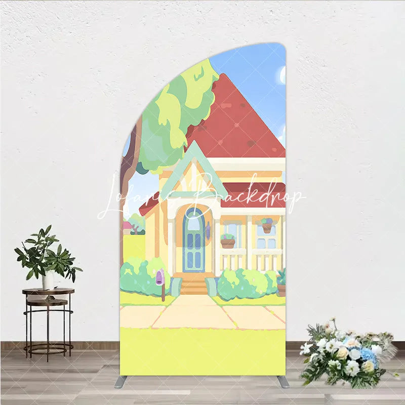 Lofaris Colorful Animated House with Red Roof Yellow Walls Half Moon Arch Backdrop Playful Children’s Birthday Party Decor