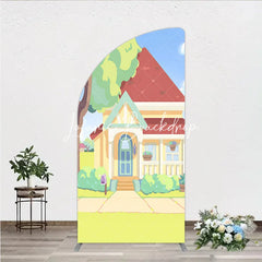 Lofaris Colorful Animated House with Red Roof Yellow Walls Half Moon Arch Backdrop Playful Children’s Birthday Party Decor