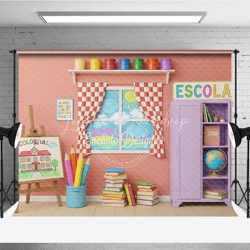 Lofaris Colorful Art Classroom Back To School Backdrop Purple Cabinet Easel Window Background Student Photography Prop
