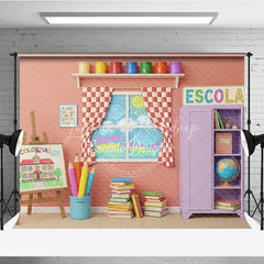 Lofaris Colorful Art Classroom Back To School Backdrop Purple Cabinet Easel Window Background Student Photography Prop