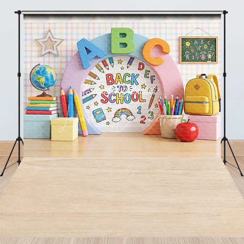 Lofaris Colorful Back to School ABC Combo Set Backdrop featuring Globe Books and Pencils for Classroom Decor