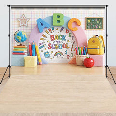 Lofaris Colorful Back to School ABC Combo Set Backdrop featuring Globe Books and Pencils for Classroom Decor