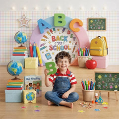 Lofaris Colorful Back to School ABC Combo Set Backdrop featuring Globe Books and Pencils for Classroom Decor