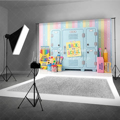Lofaris Colorful Back to School Photography Backdrop Pastel Rainbow with Lockers and Art Supplies for Kids