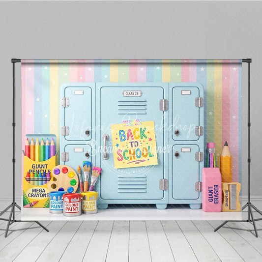 Lofaris Colorful Back to School Photography Backdrop Pastel Rainbow with Lockers and Art Supplies for Kids