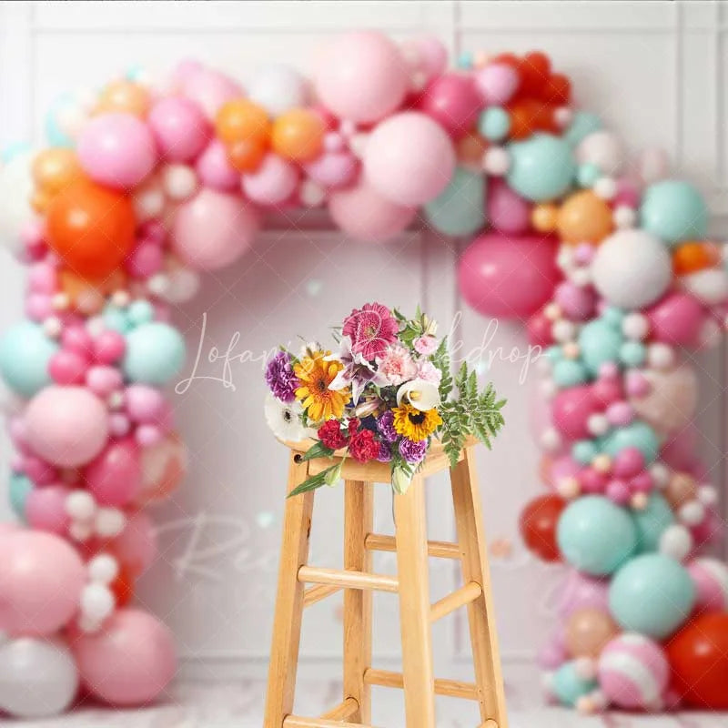 Lofaris Colorful Balloon Arch Backdrop White Wall Panel Birthday Photography Background Pastel Party Decor Photo Prop