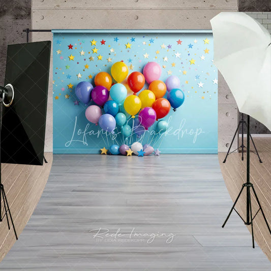 Lofaris Colorful Balloons and Star Confetti Light Blue Wall Sweep Backdrop Festive Birthday Party Decor with Grey Wood Floor